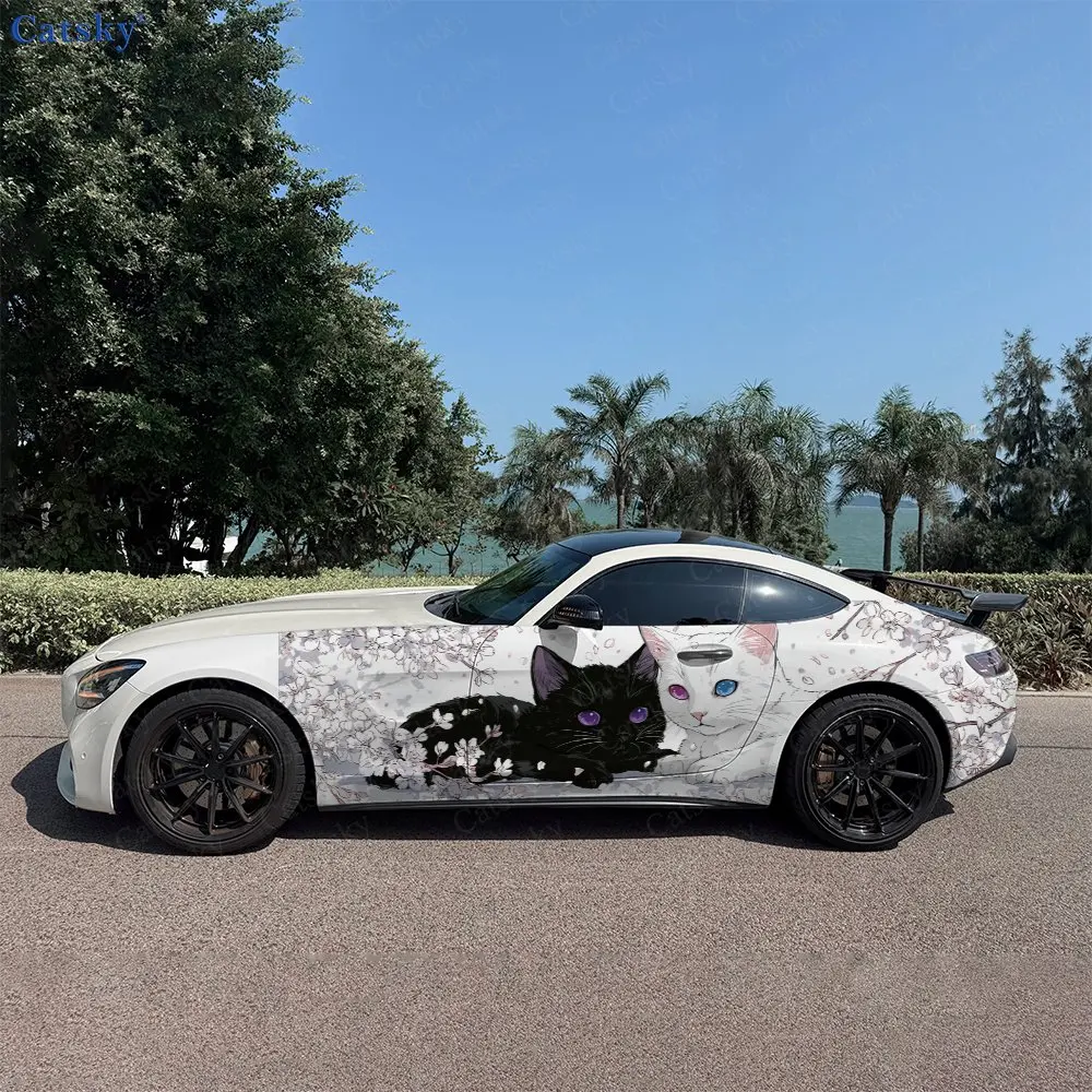 

2pcs Pink Spilled Petal Dual Cats Car Side Wraps, Self-Adhesive PVC Waterproof & Scratch-Resistant Stickers, Car Accessory Gift