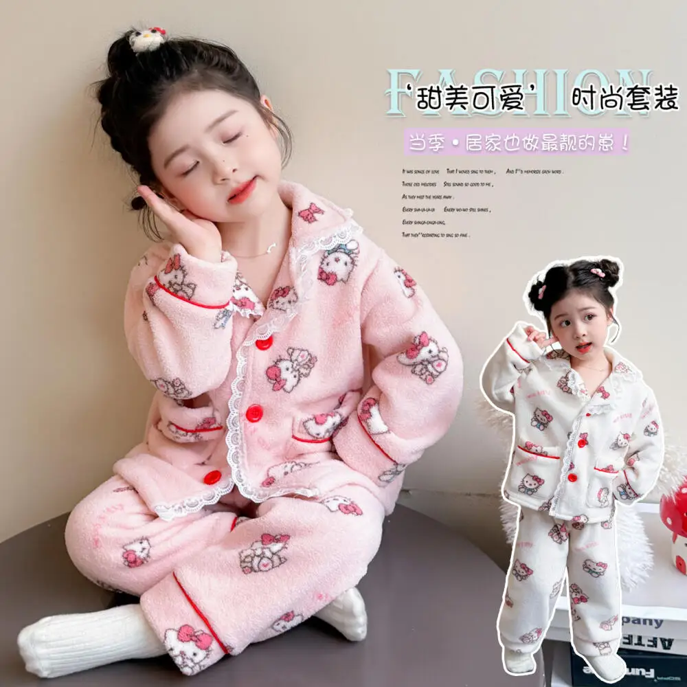 

Sanrio Hello Kitty Girls' Coral Fleece Cardigan Pajamas Autumn and Winter 2025 New Flannel Children's and Girls Home Clothes Set