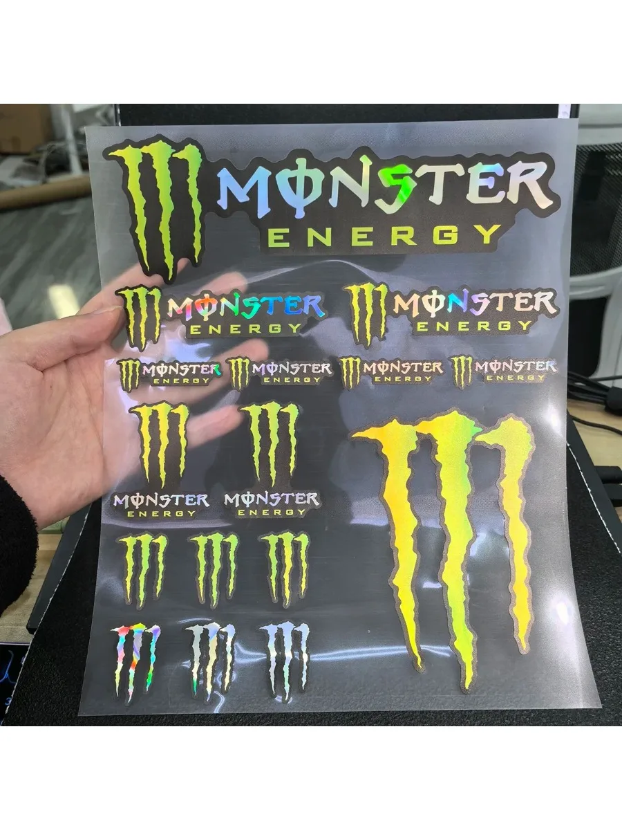 AliExpress Laser Monster Energy Sticker Logo Motorcycle Tank Helmet Car Bike Laser Decal Kit for Yamaha Suzuki Kawasaki Honda Ktm