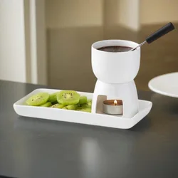 150ml White Ceramic  Chocolate Cheese Fondue Pot Set Tea Light Candle Warmer Fondue Set with 2 Forks  Rectangle Dish