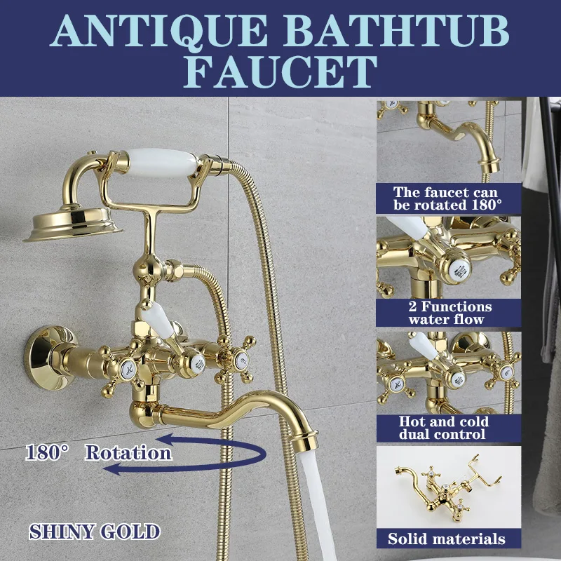 Antique Wall Mounted Bathtub Faucet Shiny Gold Brass Body Hot Cold Adjustable Telephone Hand Shower with 180° Rotation Faucet