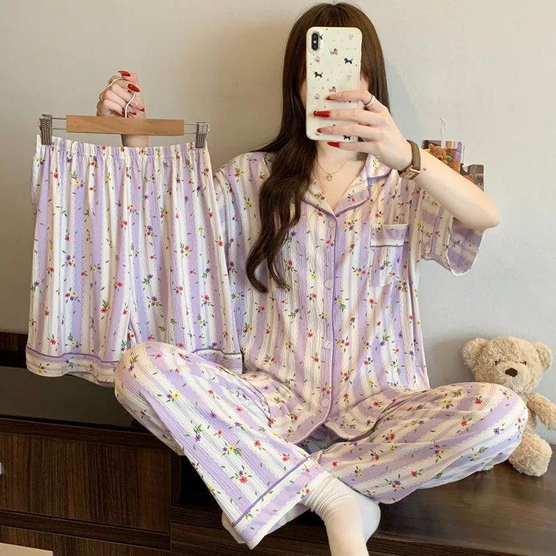 

Новинка: Комплект из трех предметов для девочек с цветочным принтом – пижама с рюшами, летняя, с коротким рукавом, мягкая и нежная домашняя одежда