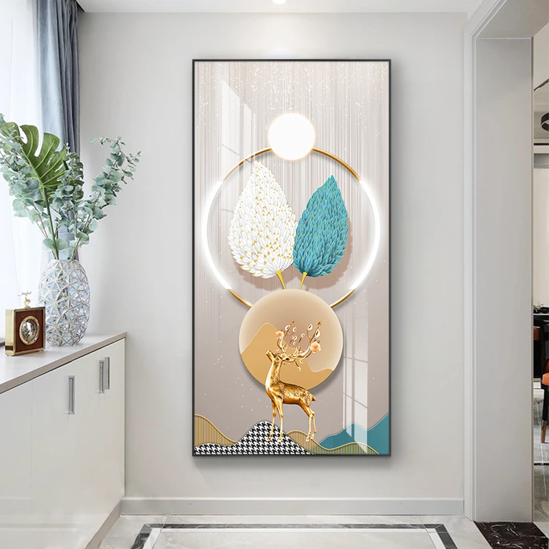 Abstract Light Luxury Feather Canvas Painting Wall Art Geometry Golden Deer Feathers Posters and Prints for Porch Living Room