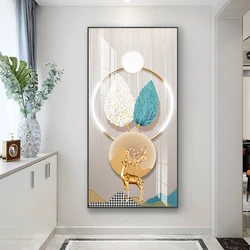 Abstract Light Luxury Feather Canvas Painting Wall Art Geometry Golden Deer Feathers Posters and Prints for Porch Living Room