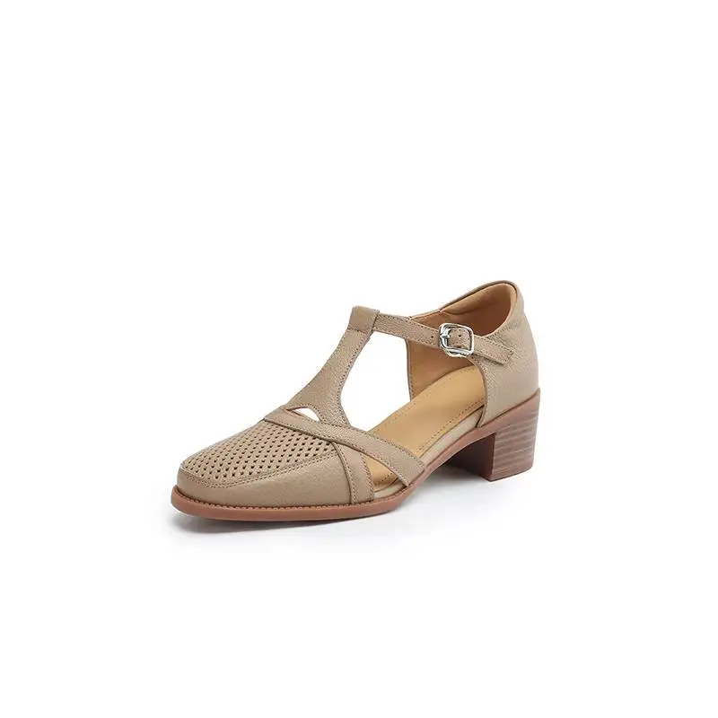 Krazing Pot Sheepskin Round Toe Summer Autumn Shoes Size 42 Basic Clothing Design Women Breathable Med Heels Buckle Straps Pumps