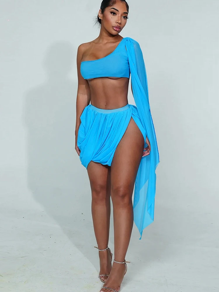 

InGrily Summer Mesh Swinging Folds Women 2 Piece Set Hot Slash Neck Ribbons Single Sleeve Tanks+Irregular Mini Skirt Sexy Suit