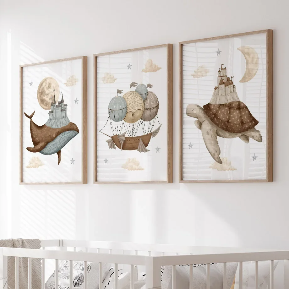 Whale Turtle Castle Balloon Nordic Nursery Wall Art Posters Art Prints Canvas Painting  Pictures Baby Kids Room Home Decoration