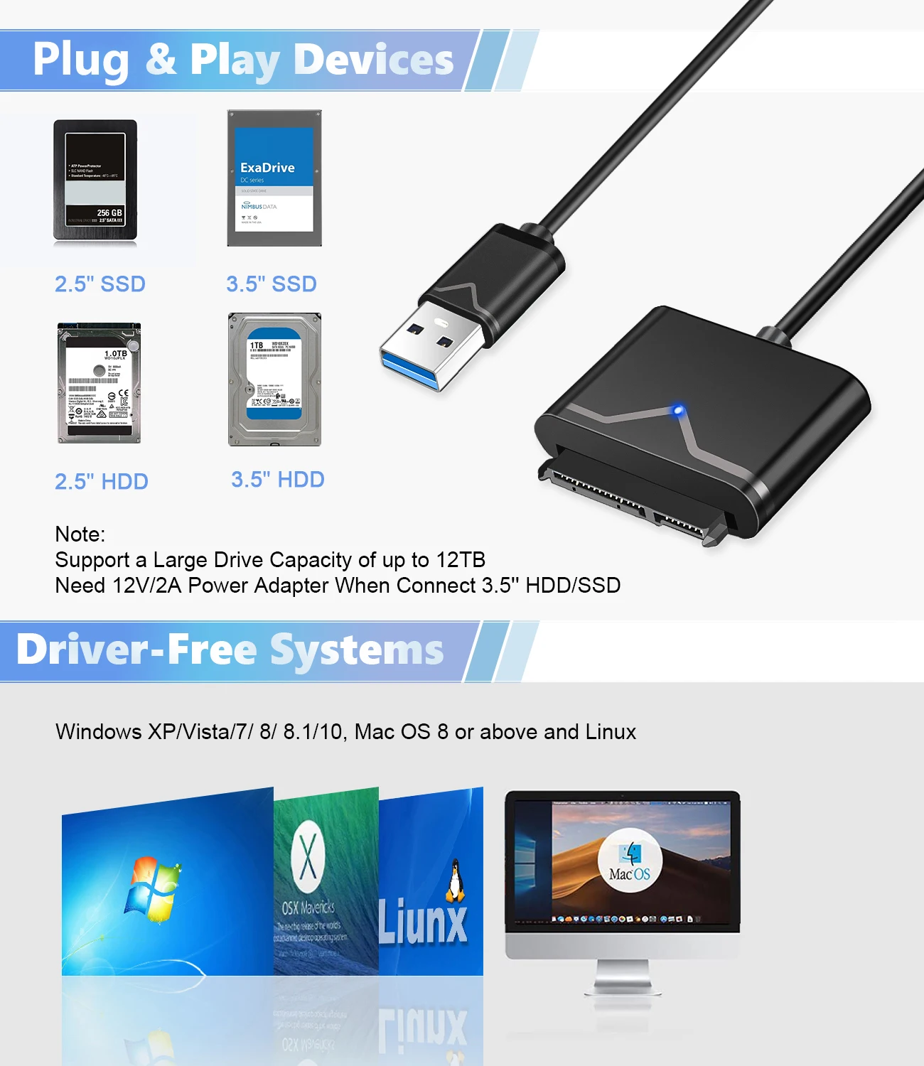 Convertitore da SATA a USB Onelesy disco rigido HDD / SSD da 2.5 / 3.5 pollici cavo SATA USB adattatore esterno da USB 3.0 a SATA cavo UASP SATA