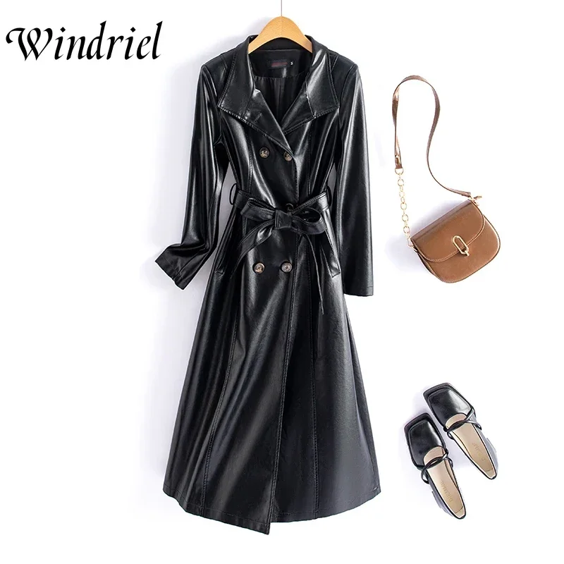 Long Jackets Spring Leather Trench Women Belt Fashion Long Coat High Quality M-7XL Faux Leather Clothing Outwear Suede