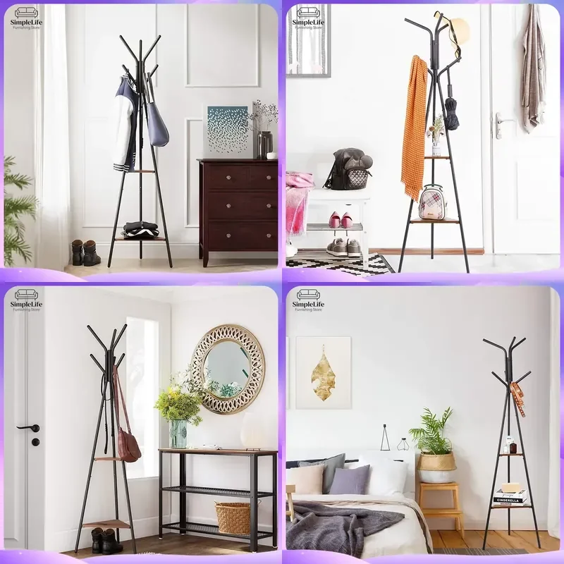 Freestanding Coat Rack with 2 Shelves Hall Tree Entryway Furniture Hat Bag Storage Organizer Living Room Clothes Hanger Stand