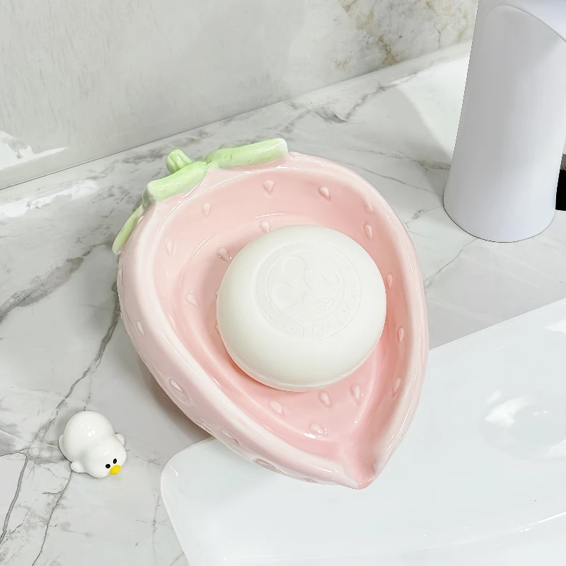 1pc, Ceramic Strawberry Soap Dish Ornament, Toilet Supplies, Drain Soap Storage Rack, Bathroom Accessories, Bathroom Soap Holder