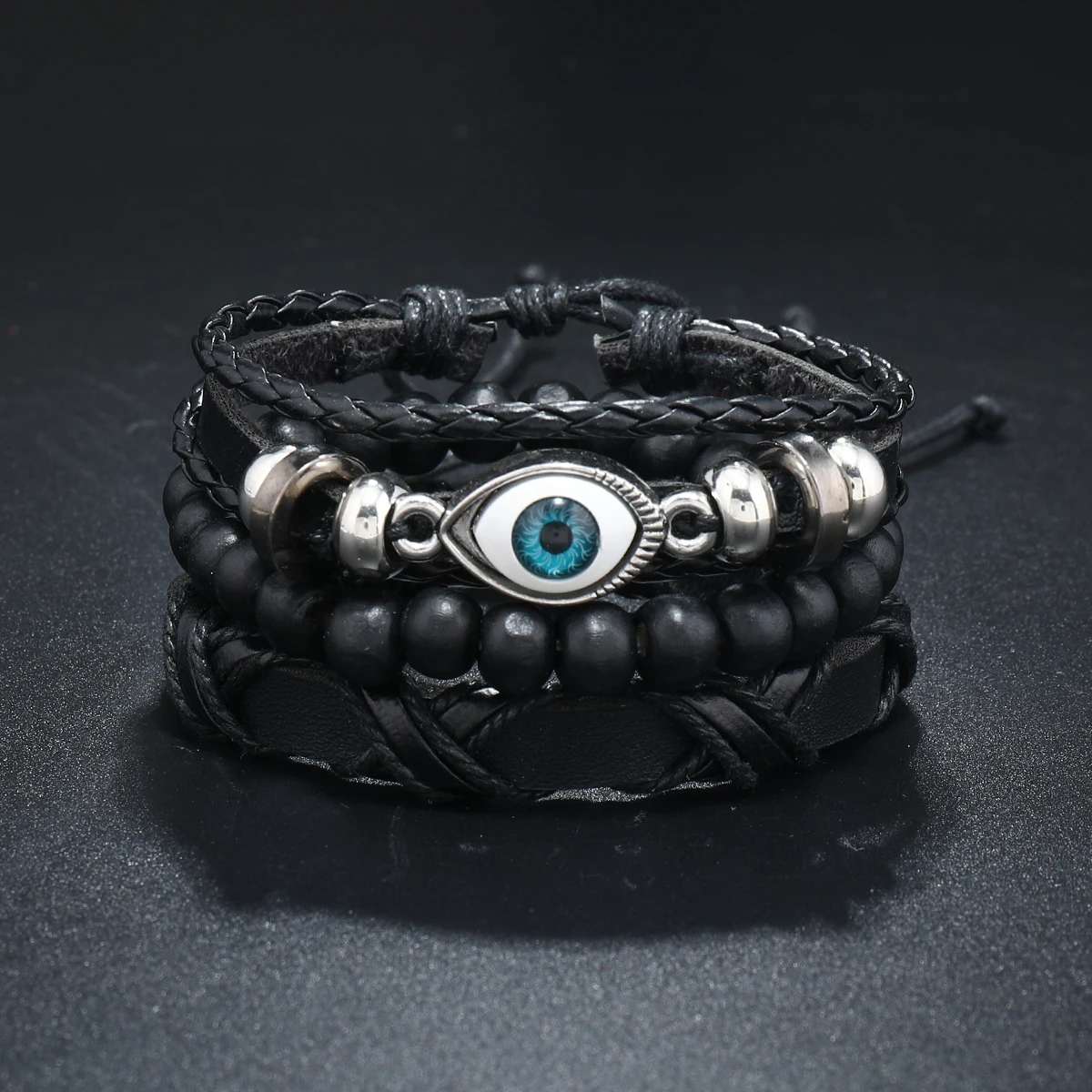 Leather Bracelet Men Devil Eye PU Black Leather Bracelet Wood Beads Multi layer Woven Bracelet Pull Cord Bracelet Jewelry Men