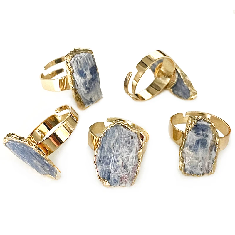 Raw Blue Kyanite Open Ring Gold Color Irregular Rough Stone Handmade Healing Crystal Finger Jewelry Resizable