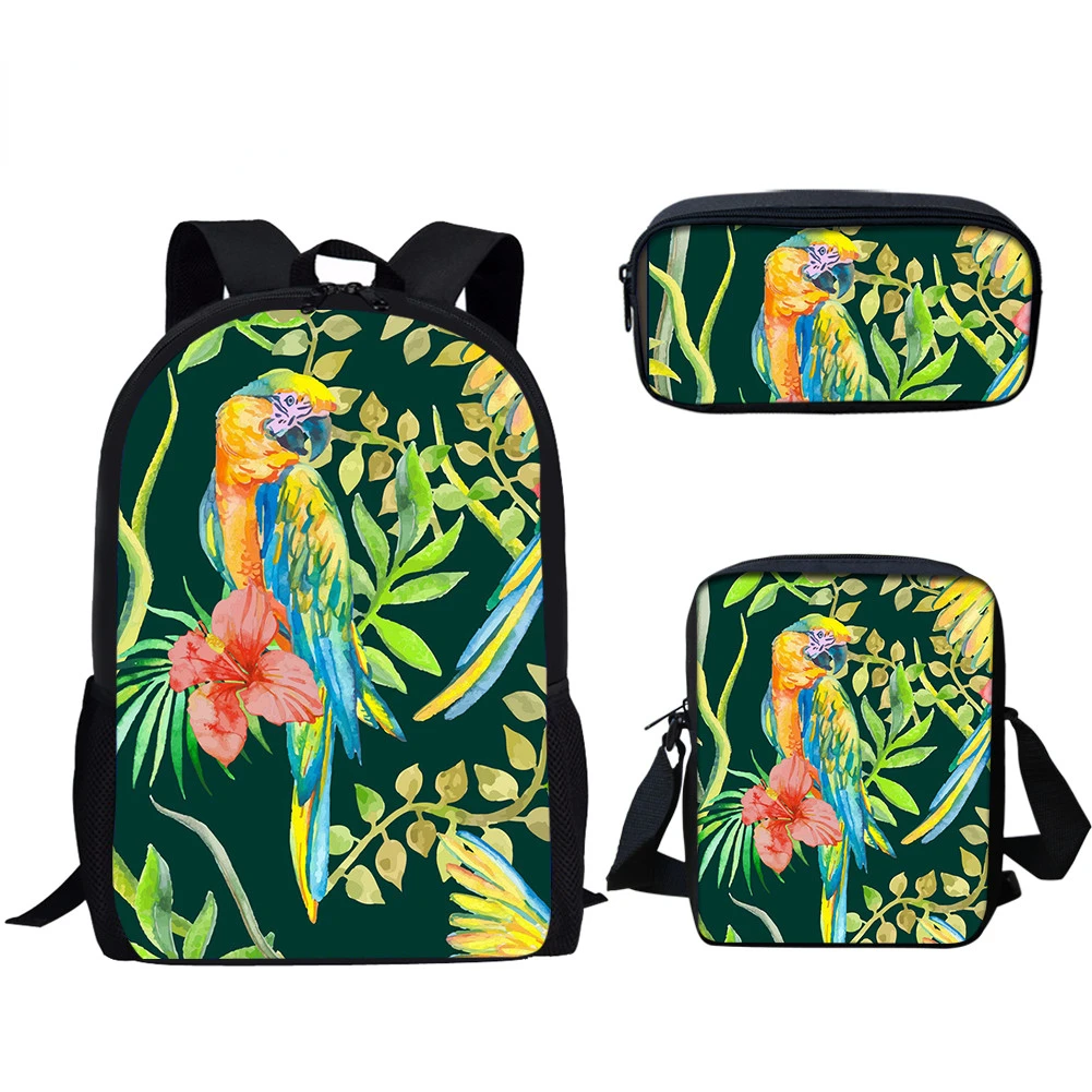 Popular Youthful Parrot Floral 3D Print 3pcs/Set Student Travel bags Laptop Daypack Backpack Shoulder Bag Pencil Case