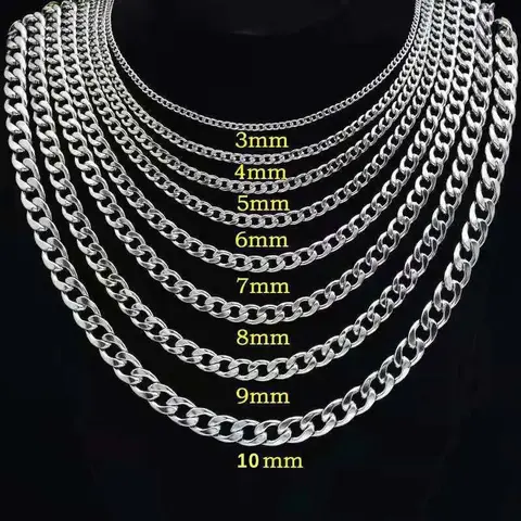 925 sterling silver plated Flat Cuban Chain Necklace For Men Male Neck Jewelry Accessories 4MM/6MM/8MM/10MM Width