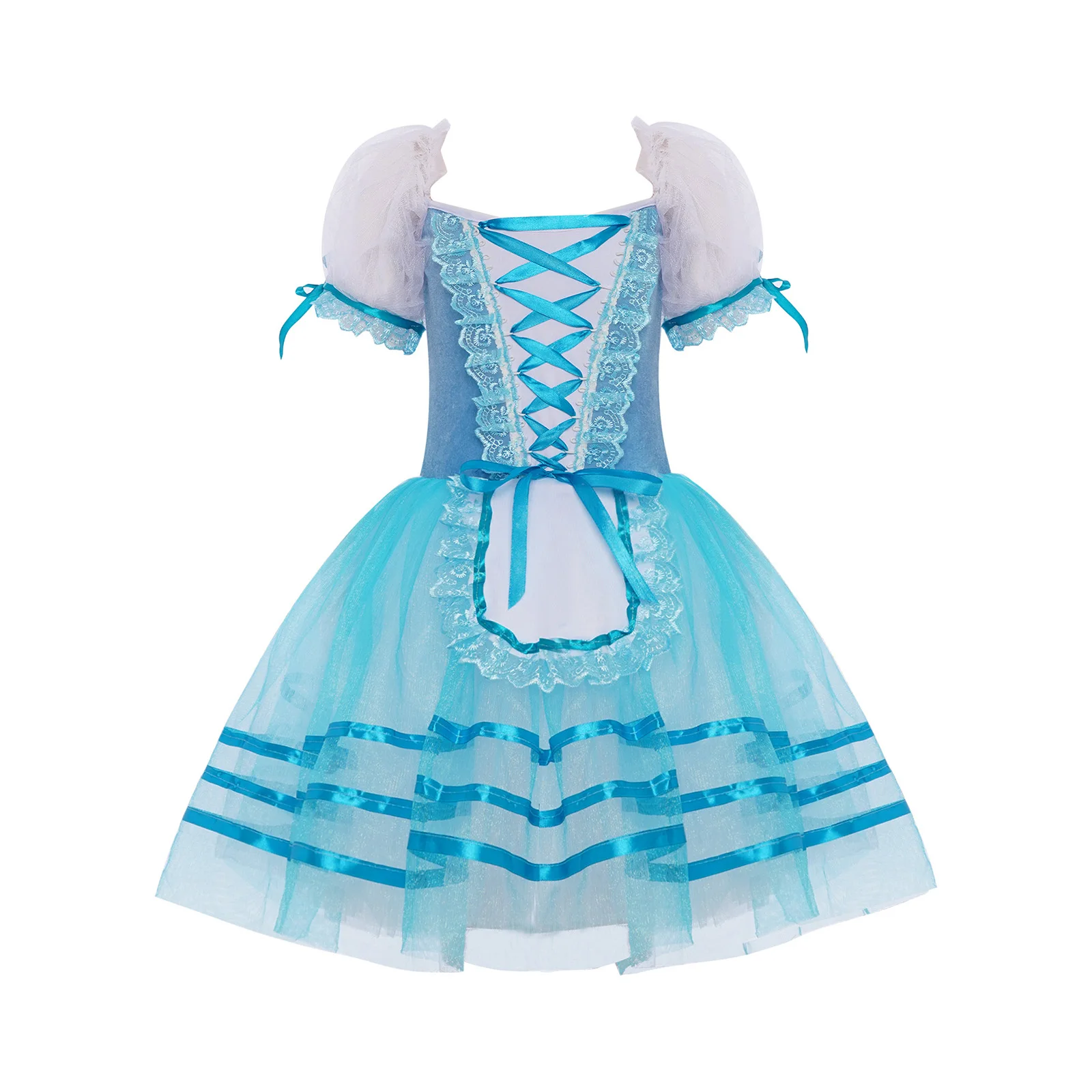 فستان باليه توتو للأطفال البنات بأكمام منتفخة مزين بالدانتيل ورباط علوي من المخمل فستان بطبقات للجمباز والتزلج على الجليد