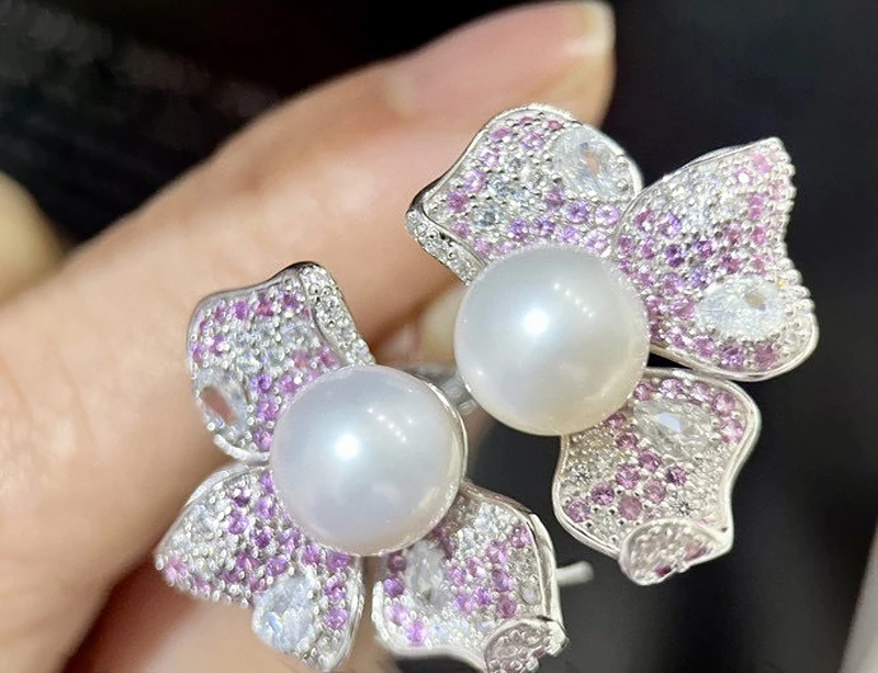 MeiBaPJ 9-10mm Natural Semiround Pearls Fashion Pink Butterfly Stud Earrings 925 Silver Ear Studs Fine Wedding Jewelry for Women