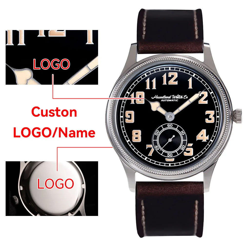 

Custom Logo & Case Back Pilot Automatic Watch Men 38mm Seagull Movement Vintage C3 Lume Domed Sapphire Crystal Oil Leather Strap