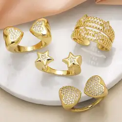OCESRIO White Crystal Heart Statement Rings for Women Copper Gold Plated CZ Star Wideth Open Ring Women Jewelry Gift righ70