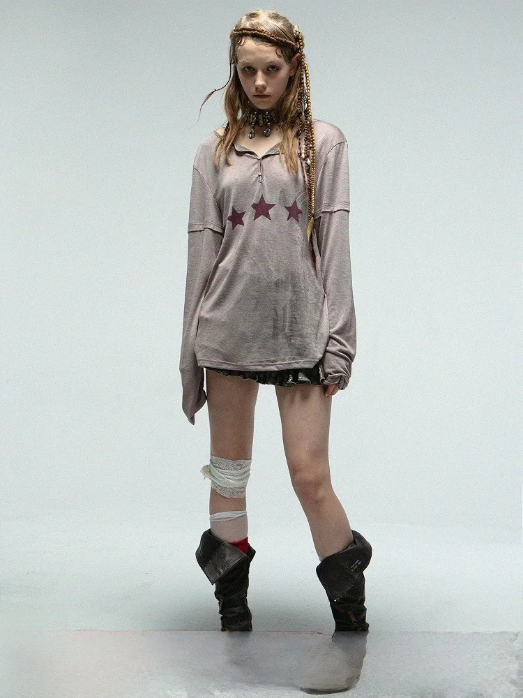 

DoublePunch Original Design Lightweight Long Sve Loose oulder Drop V-Ne Mystery Print Street Sle Women's T-irt