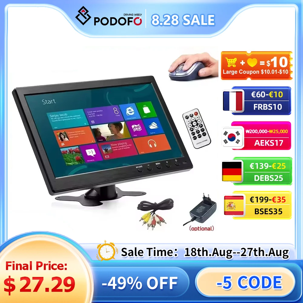 Портативный ЖК-монитор Podofo, 10,1 дюйма, 2 канала, HDMI, VGA