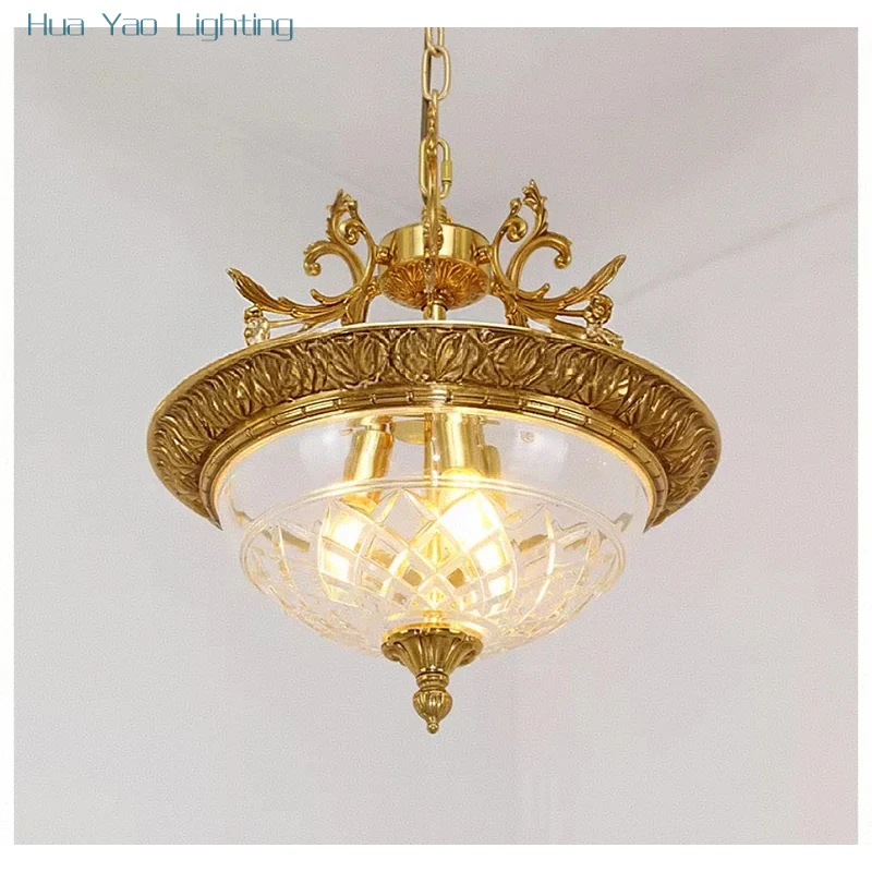 European Bronze Pendant Light Deco Glass Hanging Lamp D40cm H45cm Retro Antique Candle Living Room Lamp Restaurant Bedroom Light