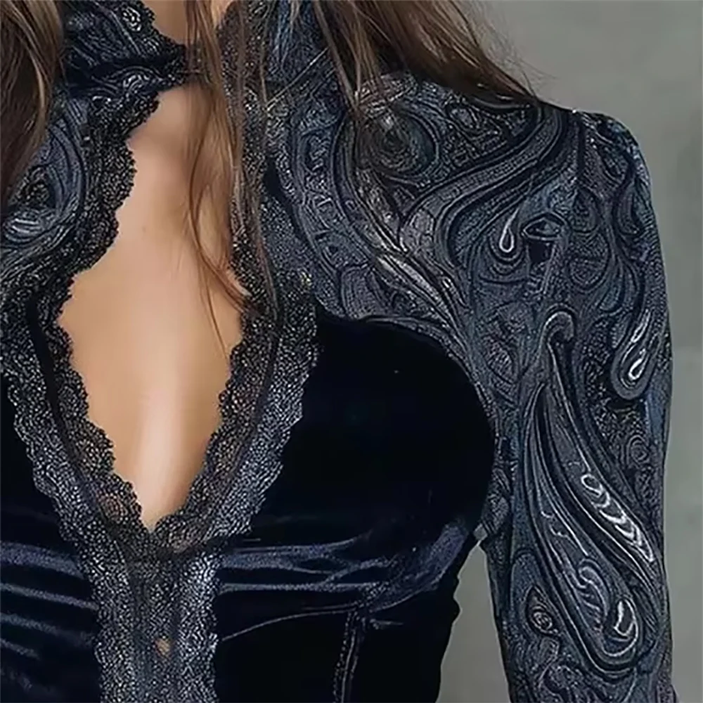 

Sexy Lace Patchwork Vintage Printed Women's Shirt High Neck Hollow Out Slim Long Sleeve Chic Elegant Tops Single-Breasted Shirts