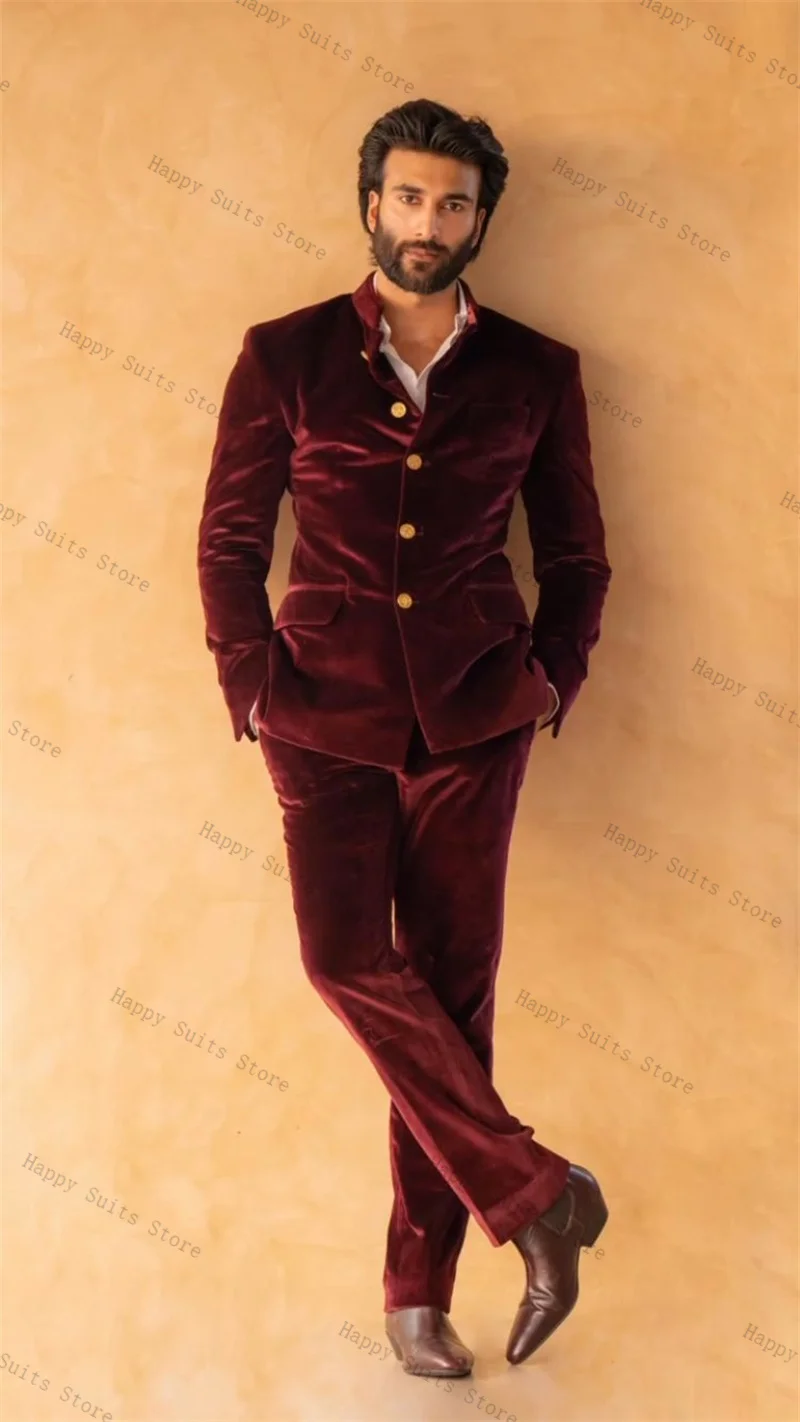 

Velvet Burgundy Men Suit Set 2 Pcs Blazer+Pants Trousers Autumn Formal Office Coat Wedding Tuxedo Customized Jacket Outfit