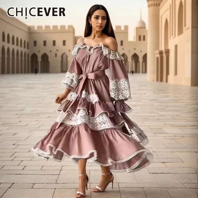 

CHICEVER Vintage Spliced Ruffles Outfit For Women Rounf Neck Long Sleeve High Waist Patchwork Lace Up Dresses Female Spring New