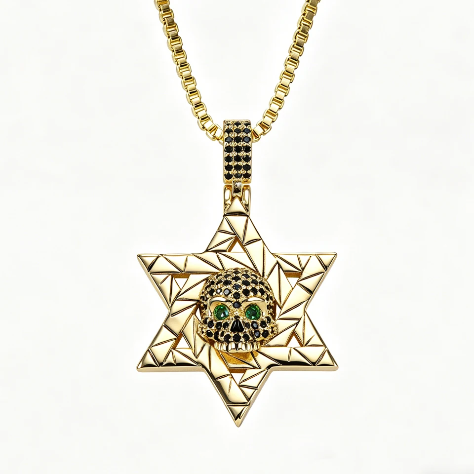 

VANAXIN Hip Hop Iced Star of David Skull Pendant Necklace 18K Gold Plated with Green CZ Eyes Punk Streetwear Jewelry for Men