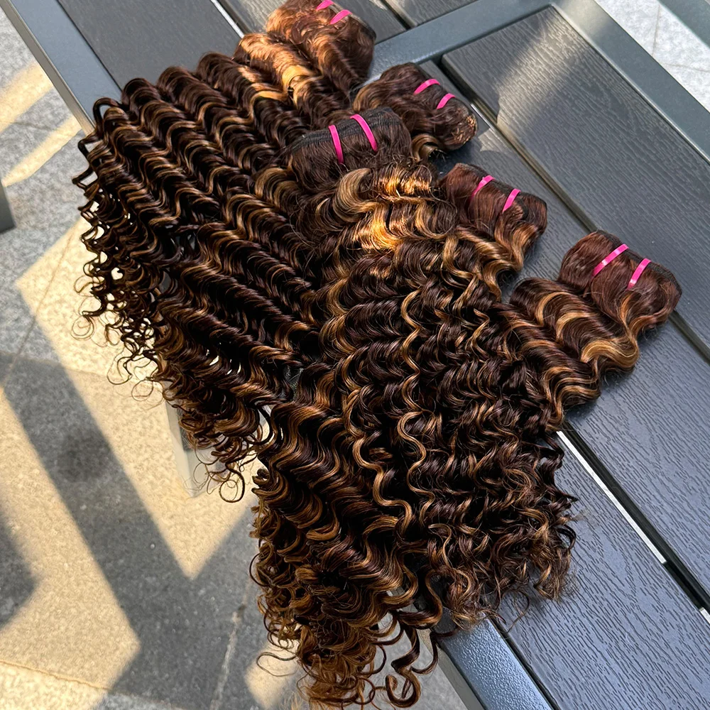 Onda profunda pacotes de cabelo humano 1-4 pacotes disponíveis 100% extensões de trama de cabelo humano real trama dupla oceano p4/27 cor para mulher.