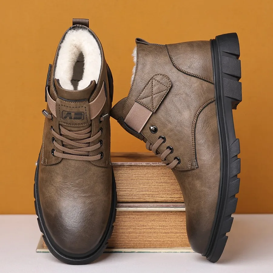 Men's Retro Microfiber Ankle Boots, Velcro Strap, Thick Sole, Warm Lined, Round Toe for Winter Outdoor Wear