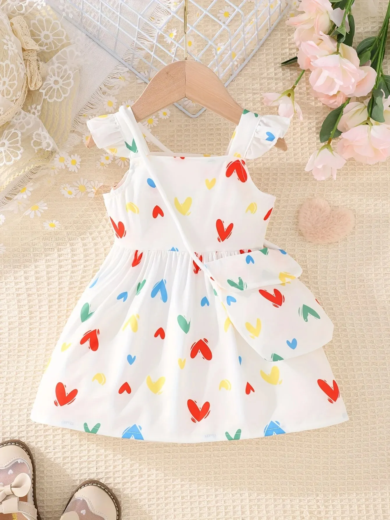 2-Piece Summer Baby Girl Cute Sweet Cool Breathable Love Pattern Dress + Shoulder Bag Casual Loose Simple Comfortable Skirt