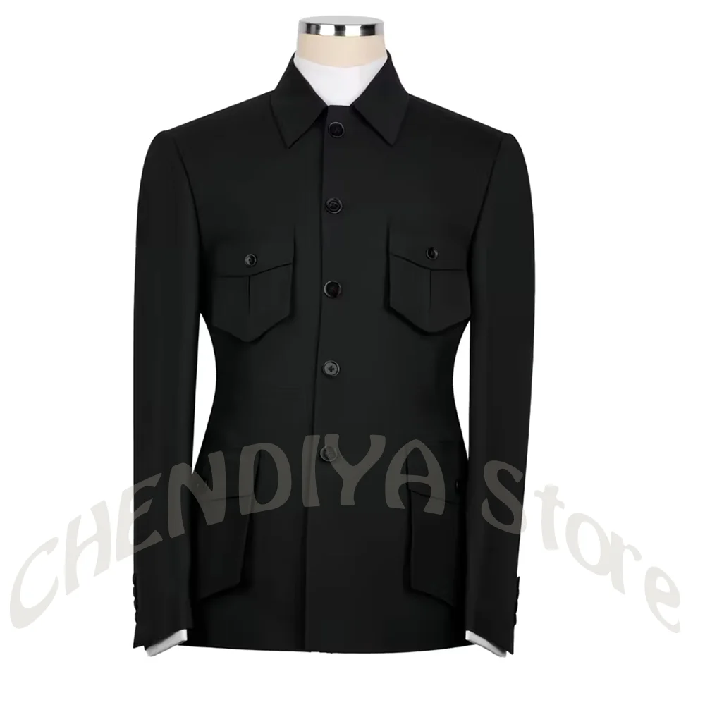 Formal Men Suits Single Breasted Stand Collar With Multi Pockets Jacket Pants Business Meeting Banuqet Party Costume Homme