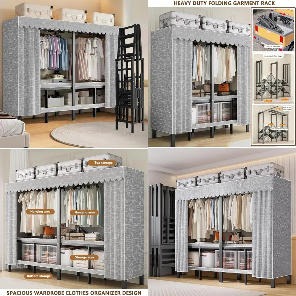 Portable Heavy-Duty Foldable Clothes Rack with Cover, Ideal for Hanging and Storing Clothing, Compact Garment Rack for Home Use