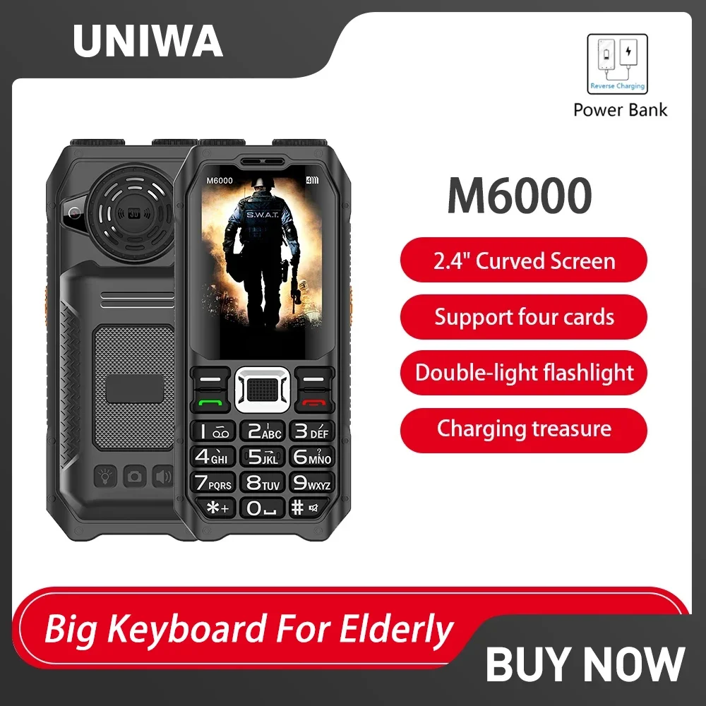 UNIWA M6000 GSM 2G Mobile Phone 4 SIM Cards 2.3Inch FM Radio MP3 Voice Record Torch English Keys Button Cell phone Power Bank