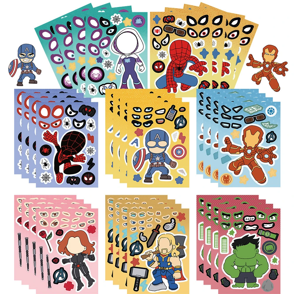 8/16 Hojas de Pegatinas de Rompecabezas de Anime Marvel Los Vengadores, Dibujos Animados de Spider-Man y Hulk, Crea una Cara, Divertidos Calcomanías de Rompecabezas para Ensamblar, Juguetes