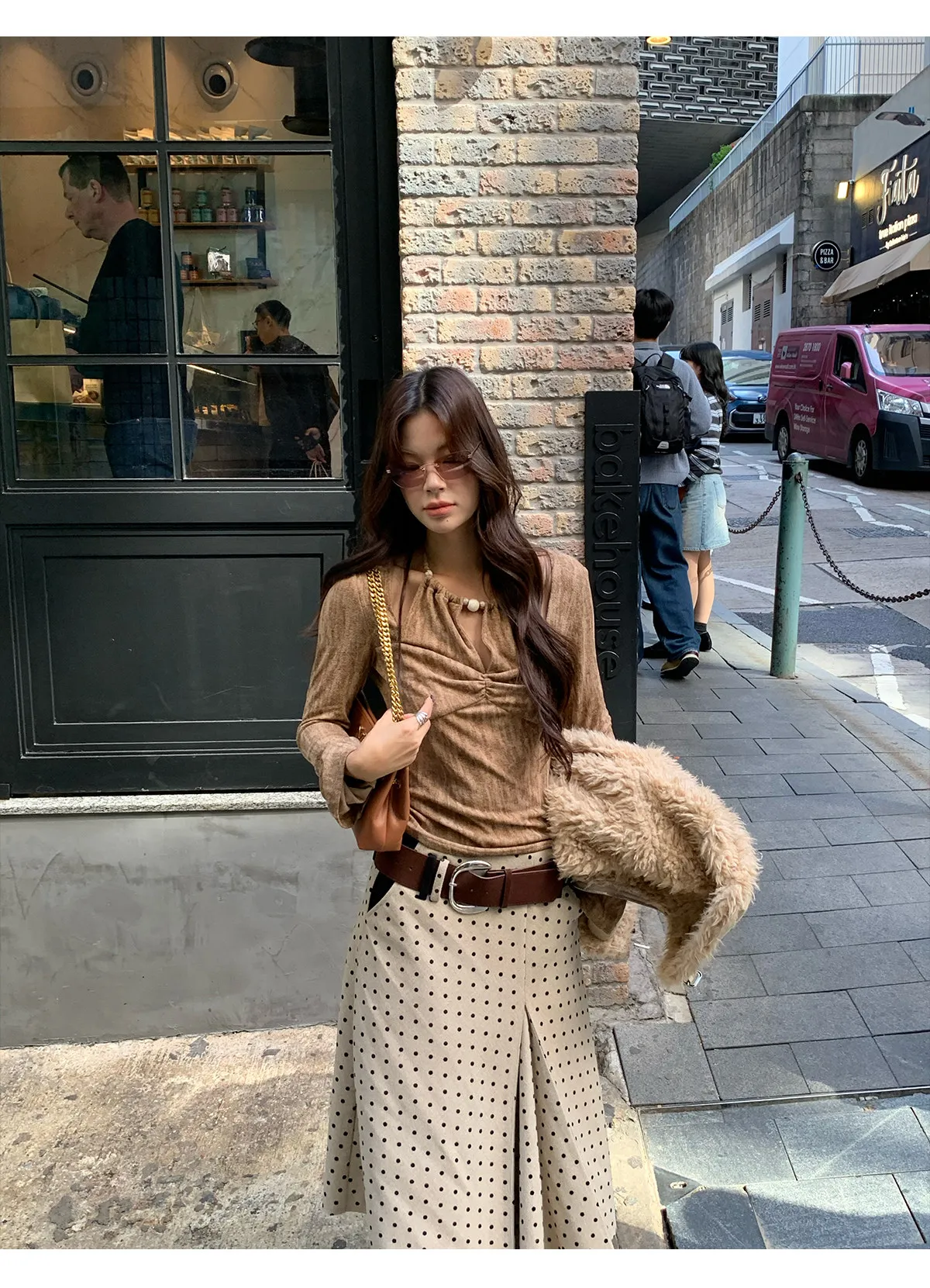 【MAR】Women Maillard Tie-Dye Beaded Halter Sweater Slim Long Sleeve Top view 5
