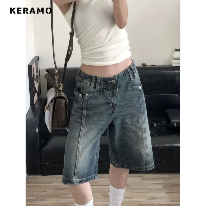 Women's Retro Baggy Casual Wide Leg Denim Shorts Harajuku Solid Washed High Waist Jeans 2024 Summer Japanese Loose 2000s Shorts