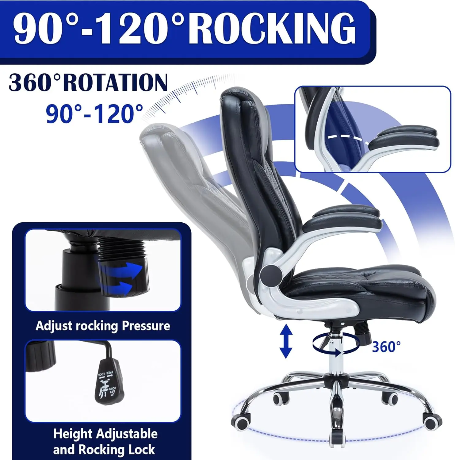 400lbs Executive Office Chair with Flip-Up Armrests, Big and Tall Ergonomic Computer Chair, Breathable PU Leather (Black)