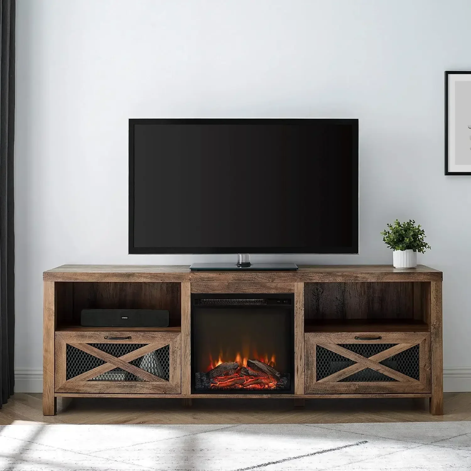 Calgary Industrie Bauernhaus X-Schublade Metallgitter und Holz kamin TV-Ständer für Fernseher bis zu 80 Zoll, 70 Zoll