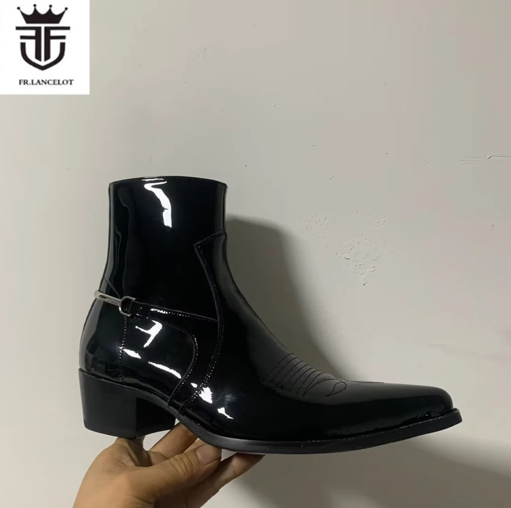 Factory Real Photo men black Shiny leather boots zip on side embroidery ankle booties male party shoes mens boot western Knight