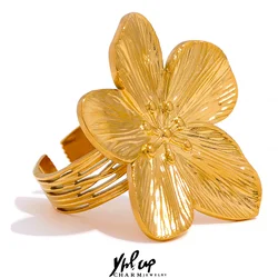 Yhpup Waterproof 18K Gold Color Stainless Steel Flower Big Open Ring for Women Trendy Fashion Party Summer Statement Jewelry
