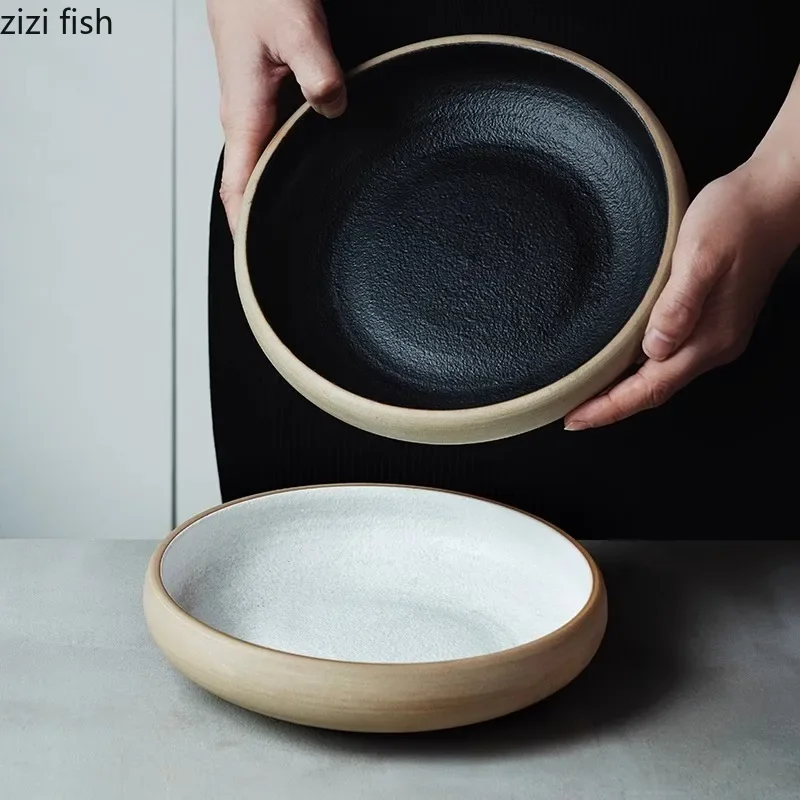 Japanese Style Round Deep Plate Retro Soup Plate Sashimi Dish Salad Plate Dessert Snack Plates Kitchen Coarse Pottery Tableware