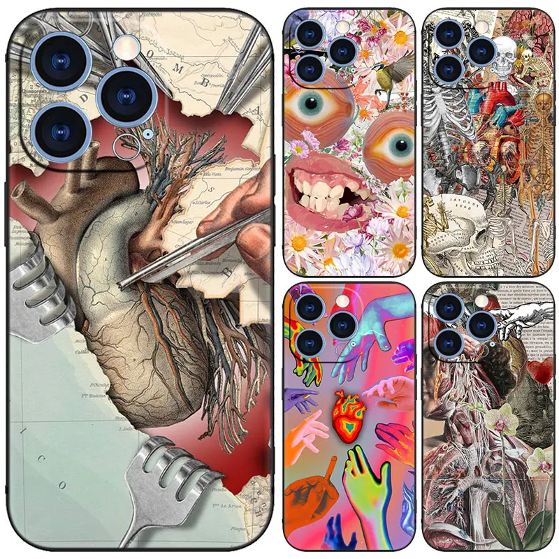 Medical Human Organs Black Phone Case For Apple iPhone 15 14 13 12 Mini 11 Pro MAX XR X XS 7 8 Plus SE 2020 2022 Cover