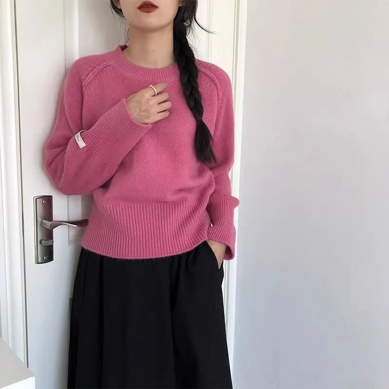 Pull court en tricot épais et chaud pour femme, couleur unie, Style paresseux, coupe cintrée, couche de Base, col rond, nouvelle collection automne hiver