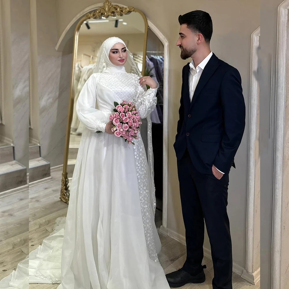 

Modest Wedding Dresses for Bride High Neck Long Sleeve A Line Beading Muslim Garden Bridal Gowns robes de mariee Customized