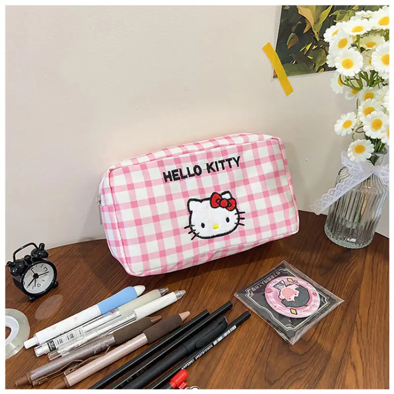 Sanrio Hello Kitty Grid Federmäppchen Cartoon Kitty Cat Square Tragbare Geldbörse Kosmetiktaschen Student Federmäppchen Aufbewahrungstasche