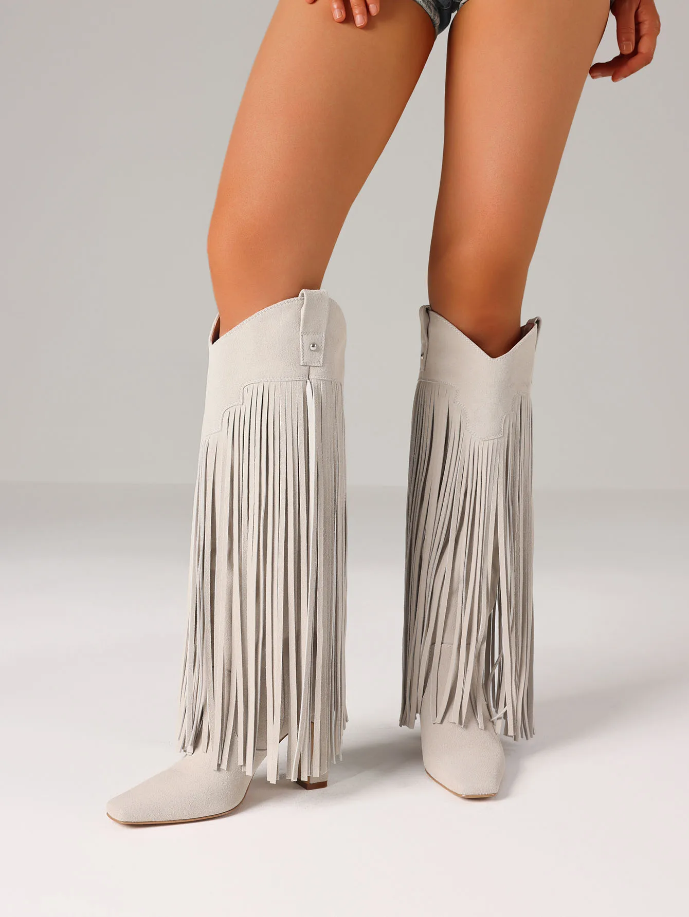 هامش الركبة عالية أحذية رعاة البقر للنساء أشار تو كتلة سميكة عالية الكعب سحب على الخريف خمر راعية البقر الغربية الأحذية #4