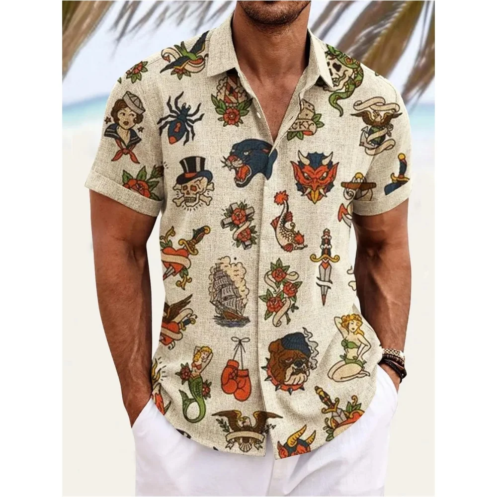 Camisa havaiana de manga curta masculina, roupa respirável solta, blusa casual, moda verão